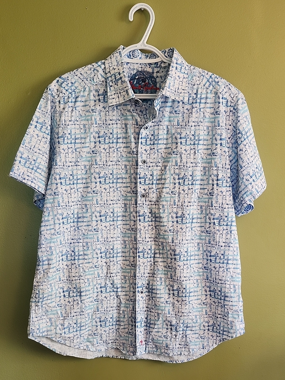 Men's Short Sleeve Patterned Button-Up Shirt - Light Blue Robert Graham Size L